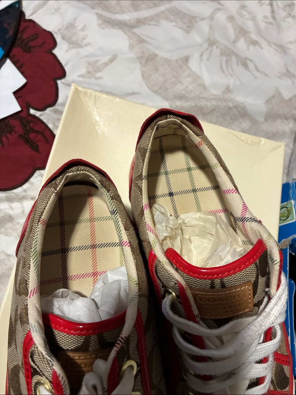 COACH Kids Brown Signature Canvas Sneakers with Red Trim - Picture 3 of 3